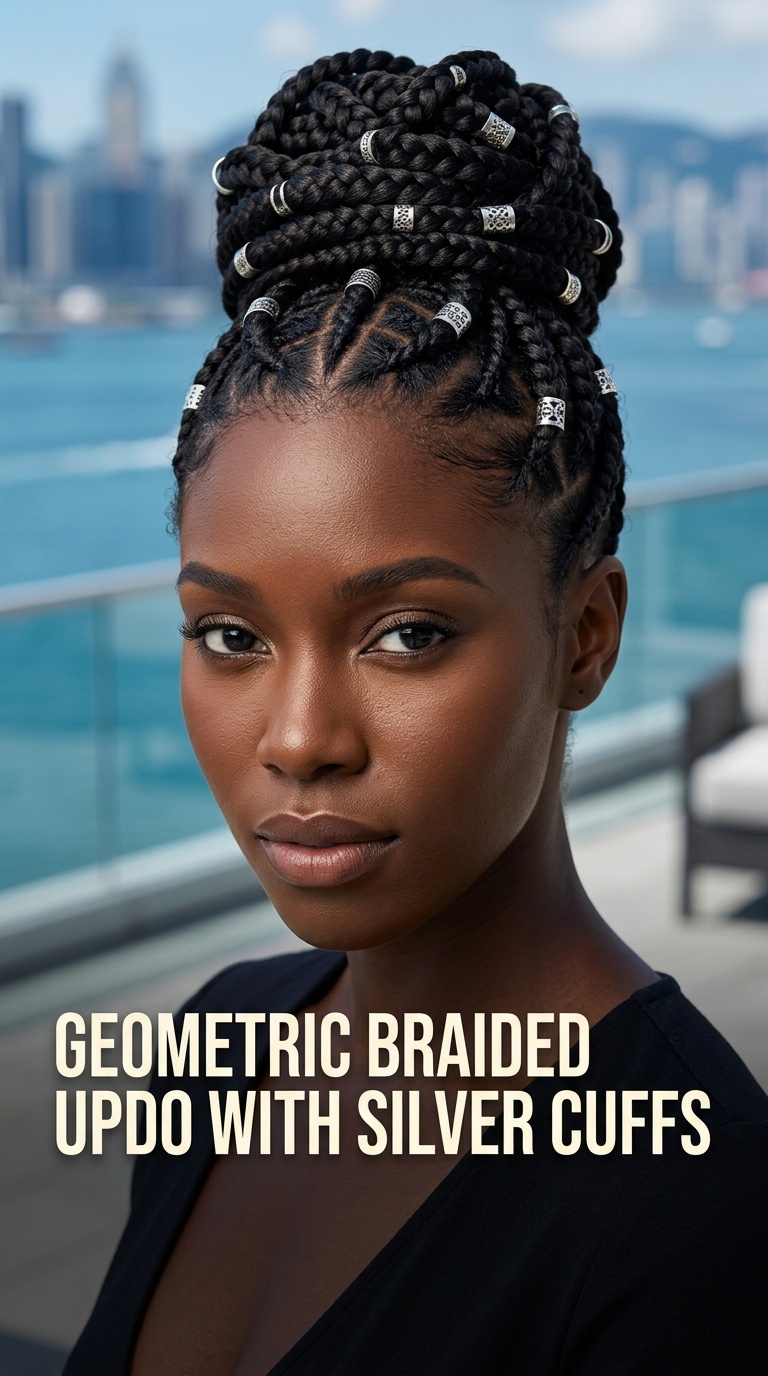 Geometric Braided Updo with Silver Cuffs