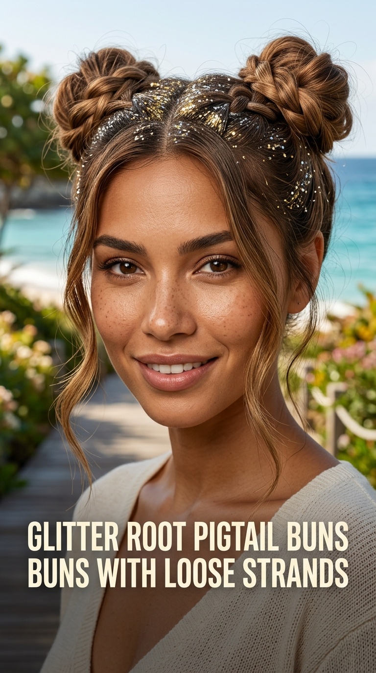 Glitter Root Pigtail Buns with Loose Strands