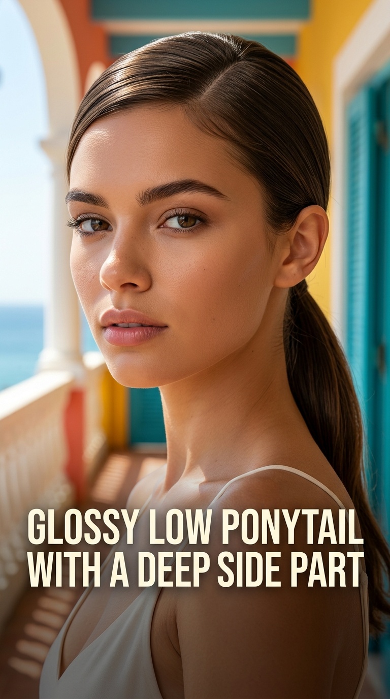 Glossy Low Ponytail with a Deep Side Part