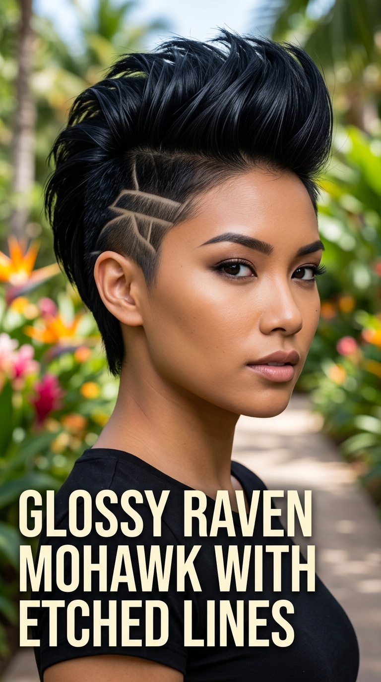 Glossy Raven Mohawk with Etched Lines