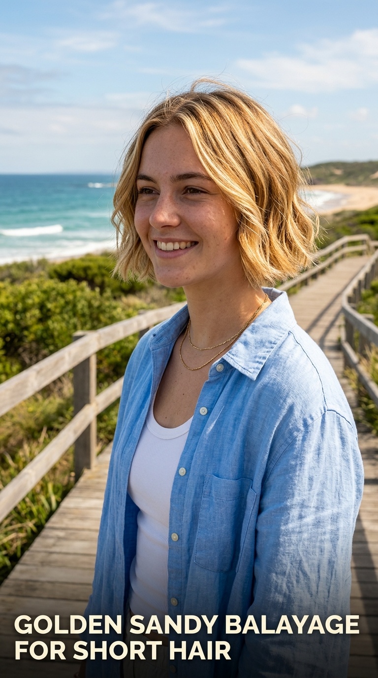 Golden Sandy Balayage for Short Hair