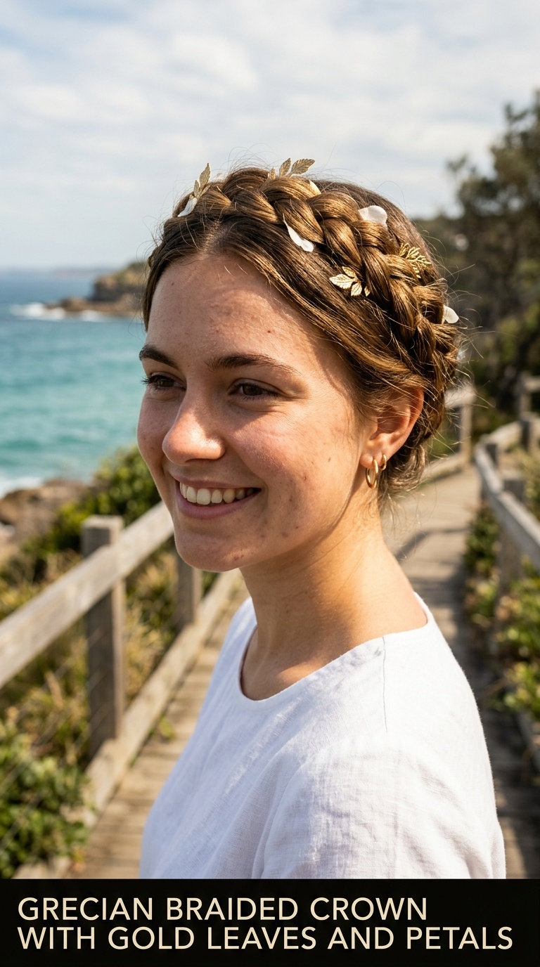 Grecian Braided Crown with Gold Leaves and Petals