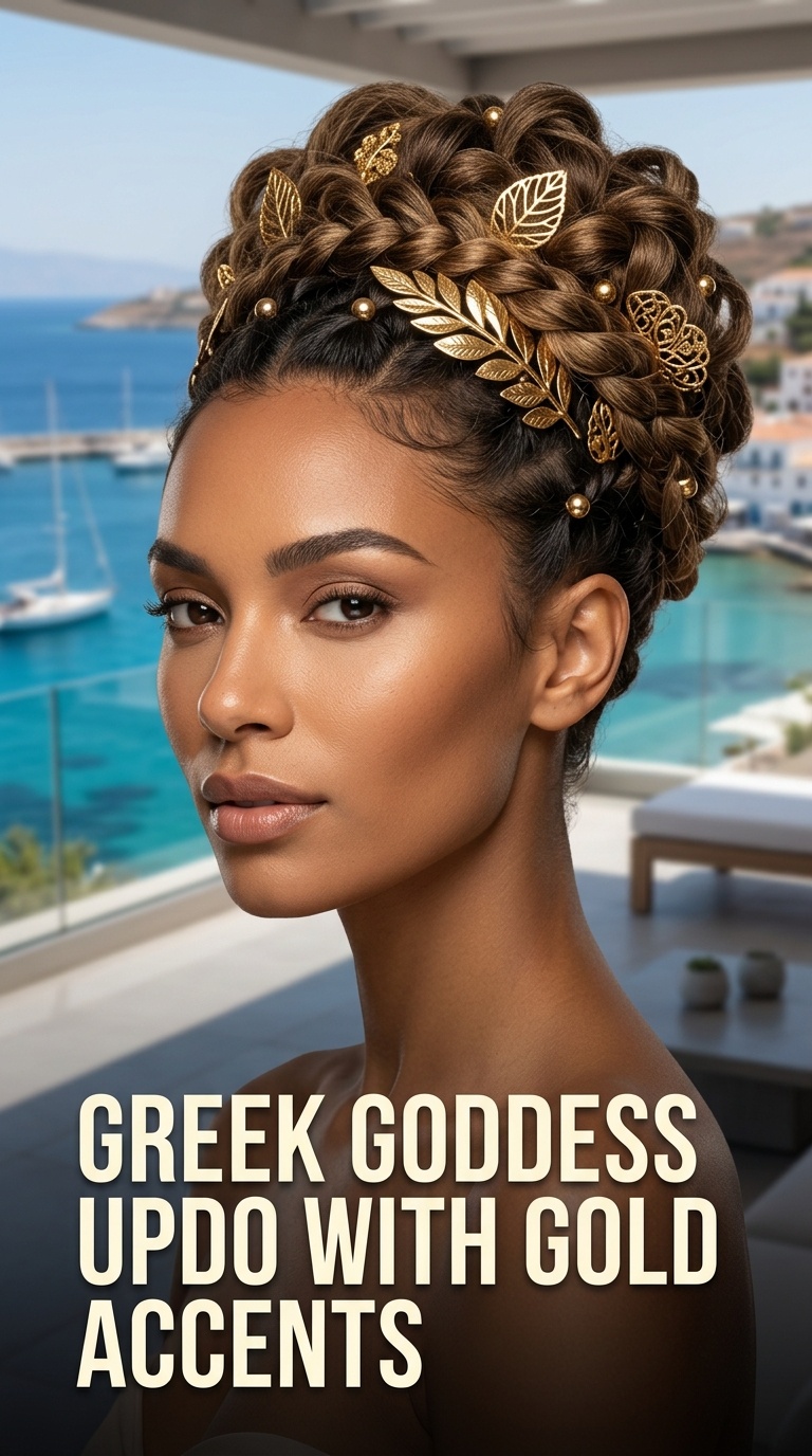 Greek Goddess Updo with Gold Accents