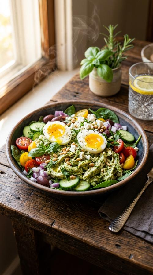 Greek Yogurt Pesto Chicken Salad with Eggs
