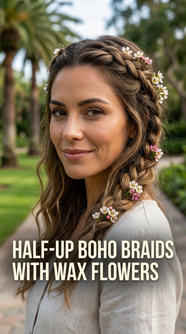 Half-Up Boho Braids with Wax Flowers