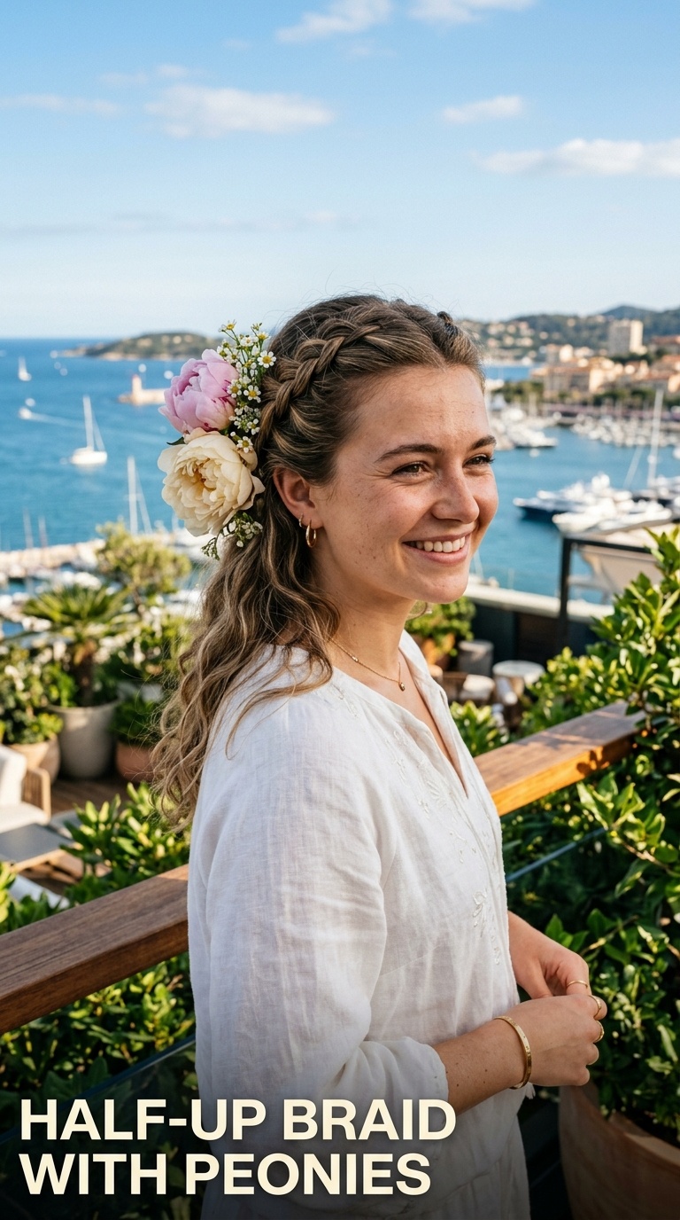 Half-Up Braid with Peonies