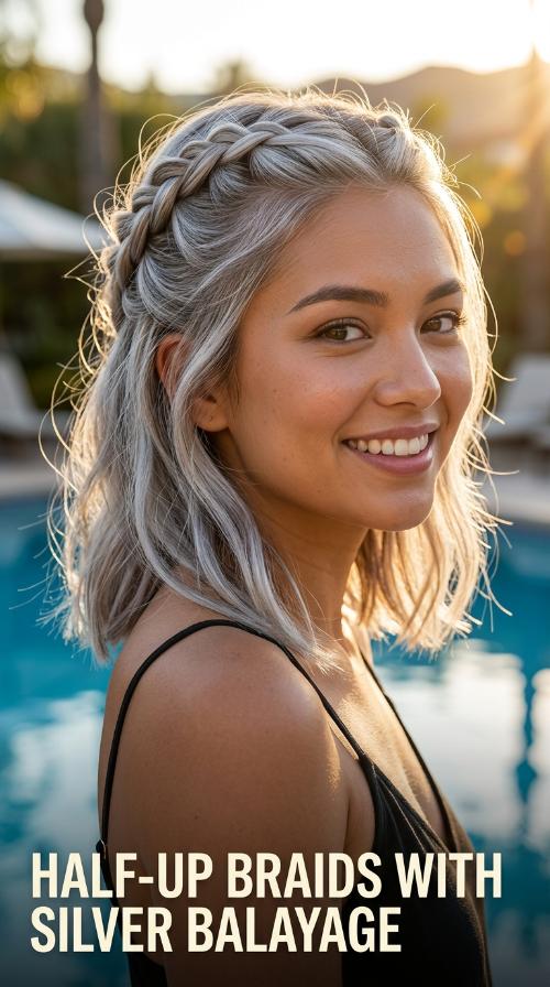 Half-Up Braids with Silver Balayage