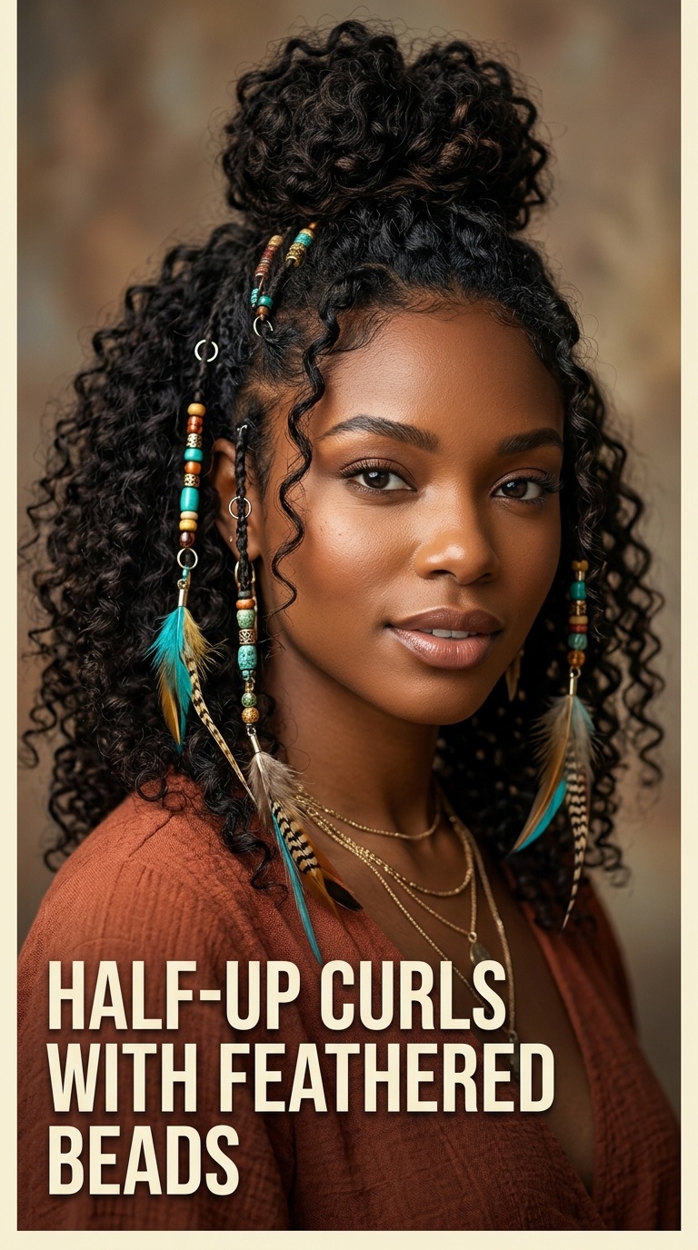 Half-Up Curls with Feathered Beads