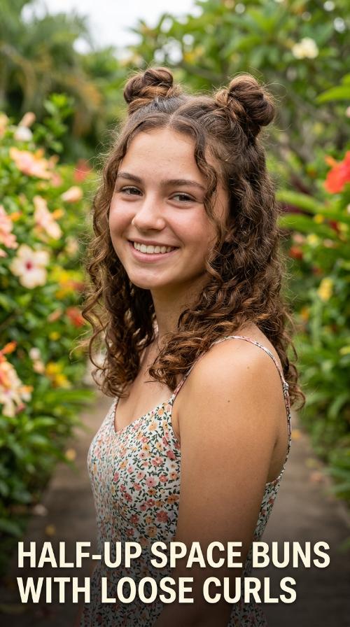 Half-Up Space Buns with Loose Curls