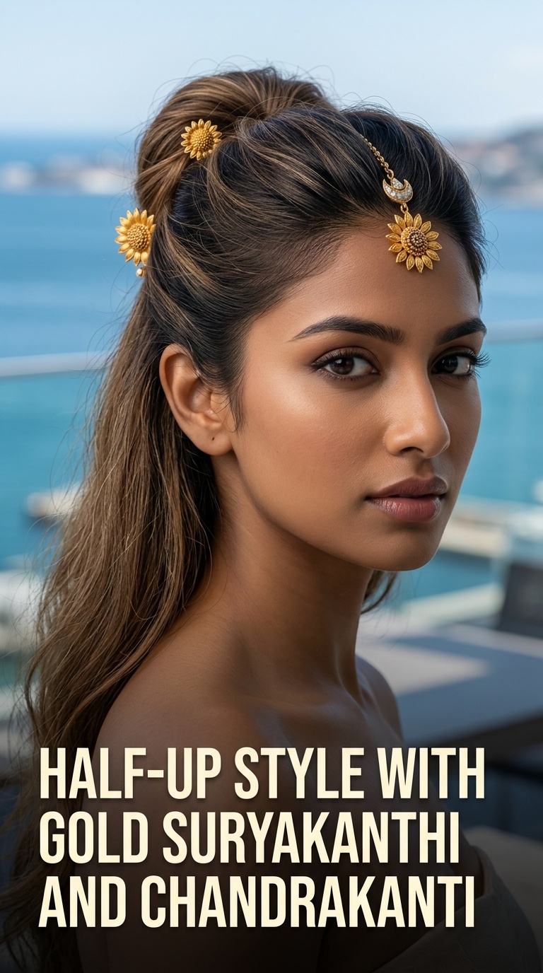 Half-Up Style with Gold Suryakanthi and Chandrakanti