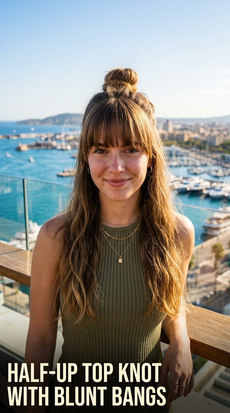 Half-Up Top Knot with Blunt Bangs