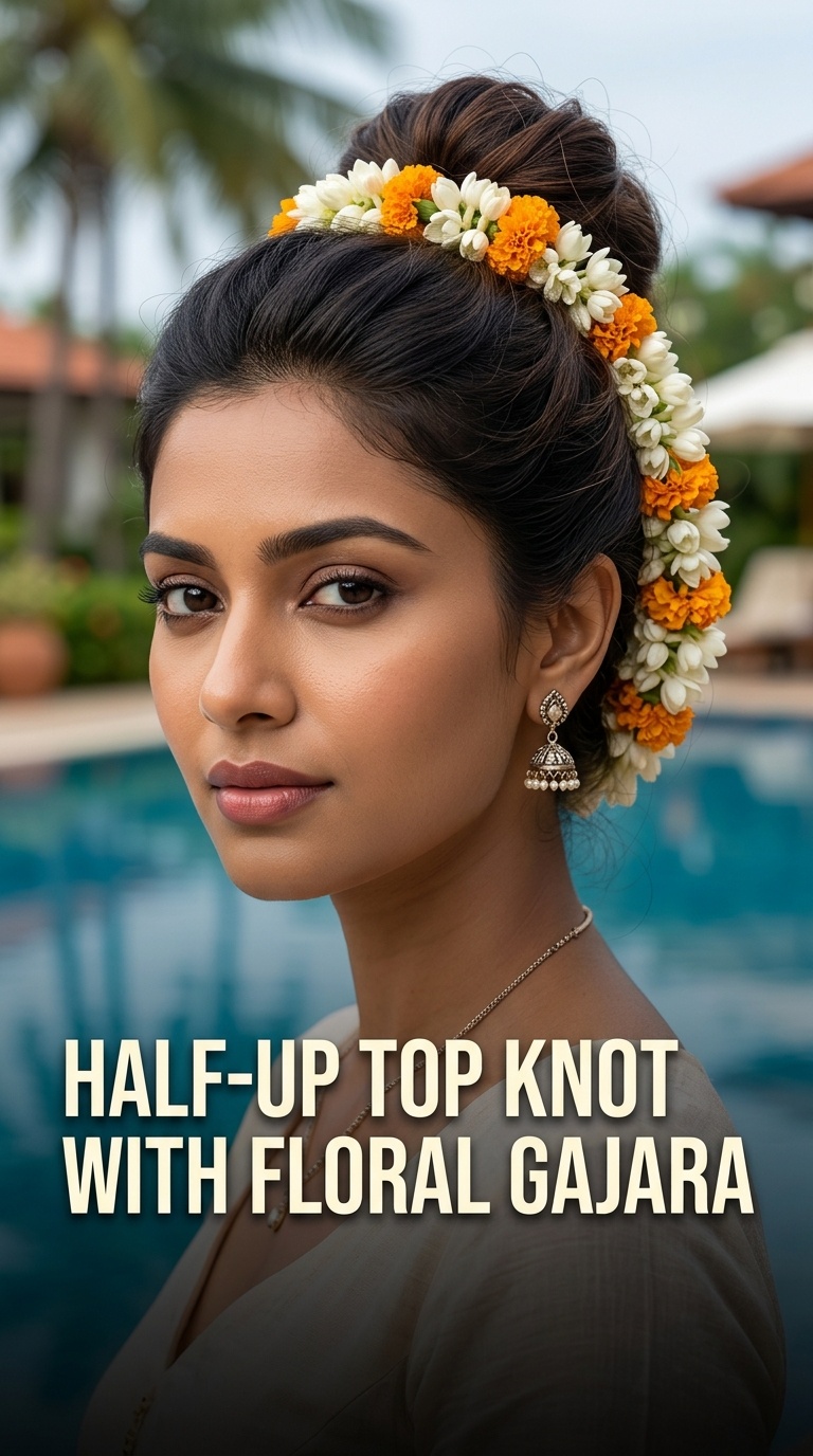 Half-Up Top Knot with Floral Gajara