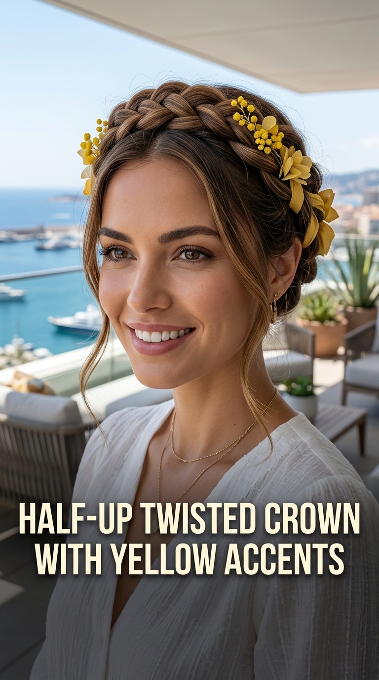 Half-Up Twisted Crown with Yellow Accents