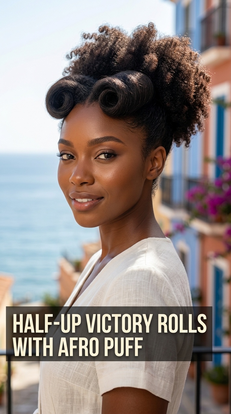 Half-Up Victory Rolls with Afro Puff