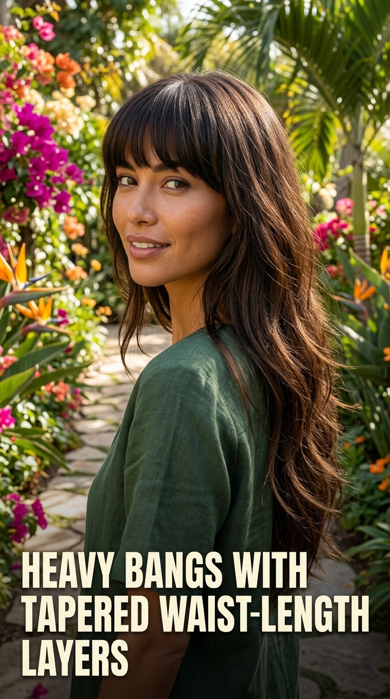 Heavy Bangs with Tapered Waist-Length Layers