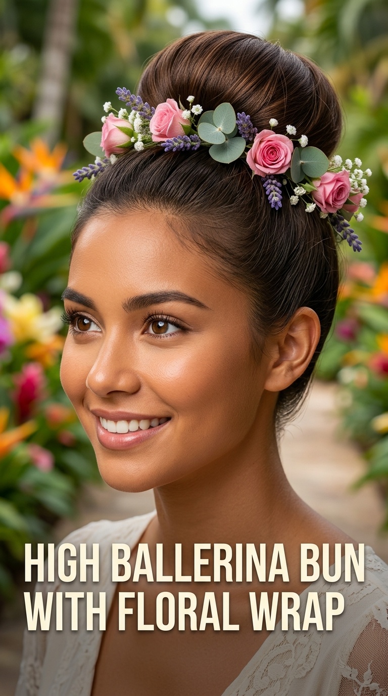 High Ballerina Bun with Floral Wrap