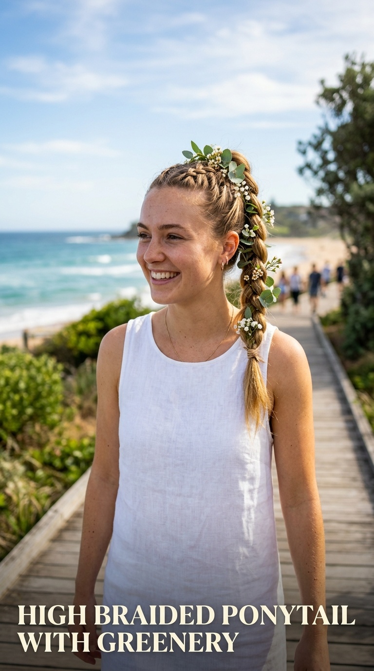 High Braided Ponytail with Greenery