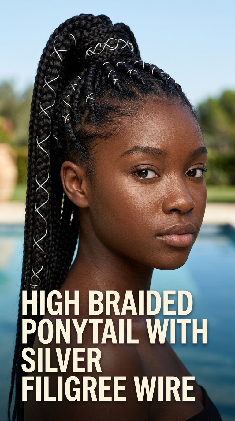 High Braided Ponytail with Silver Filigree Wire