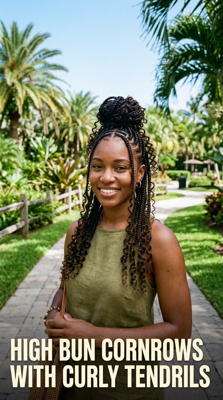 High Bun Cornrows with Curly Tendrils