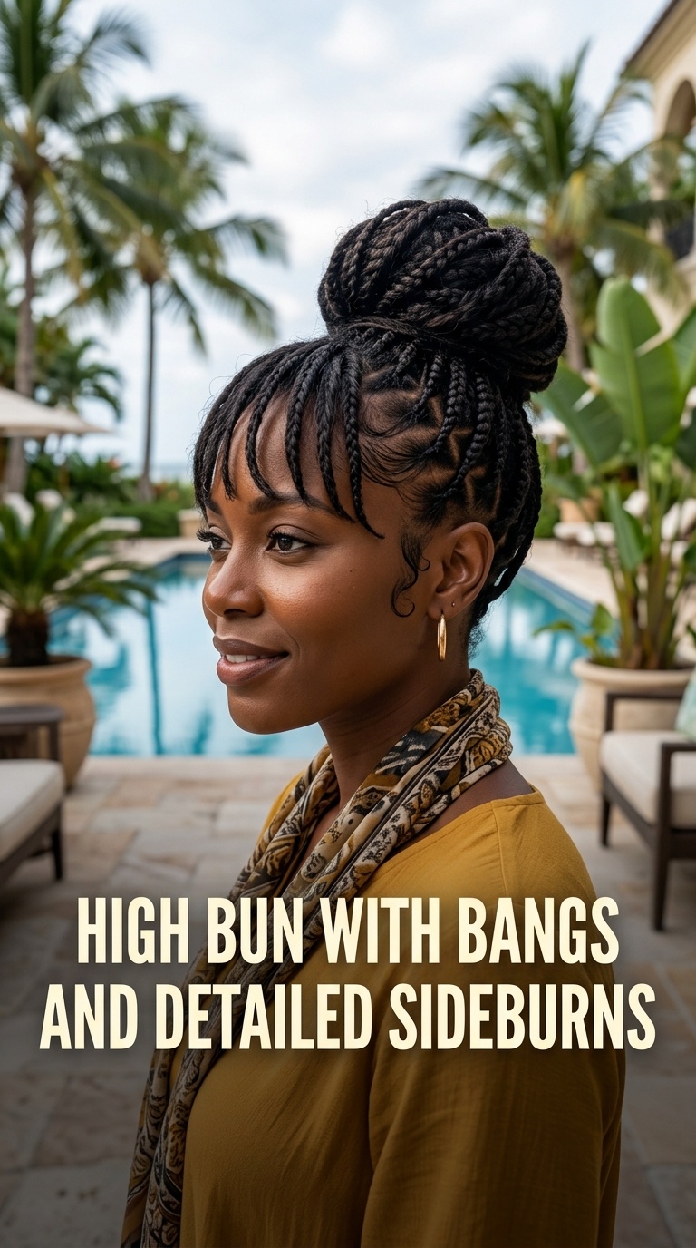 High Bun with Bangs and Detailed Sideburns