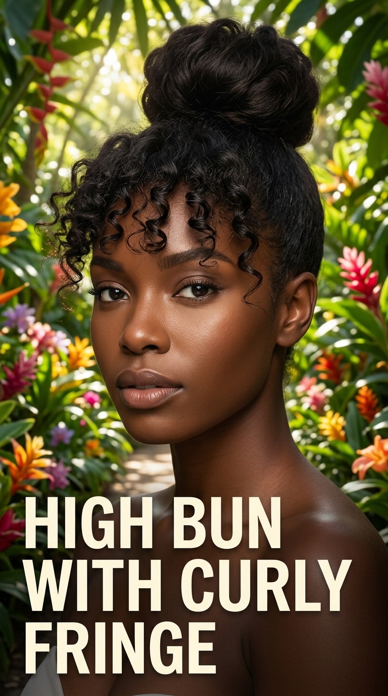 High Bun with Curly Fringe