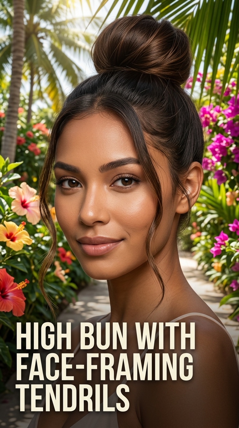 High Bun with Face-Framing Tendrils