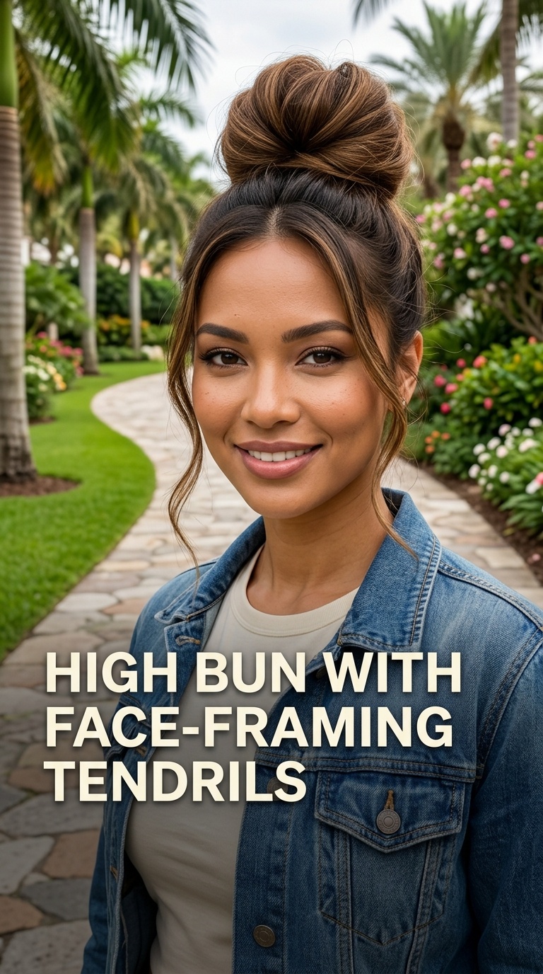 High Bun with Face-Framing Tendrils