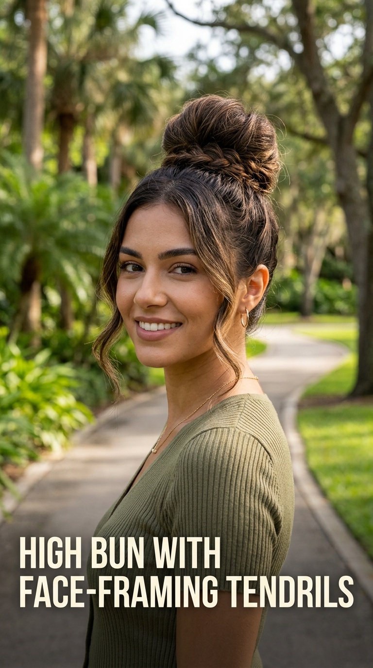 High Bun with Face-Framing Tendrils