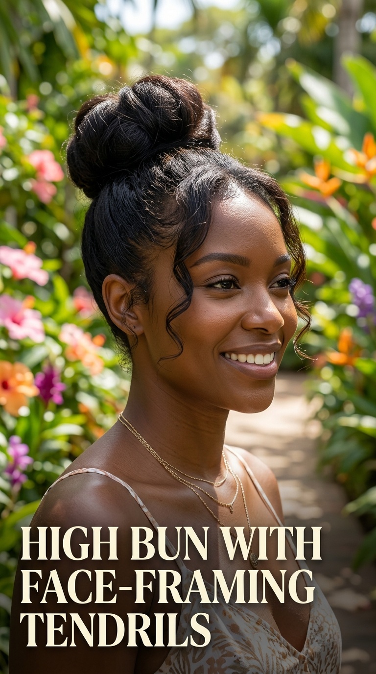 High Bun with Face-Framing Tendrils