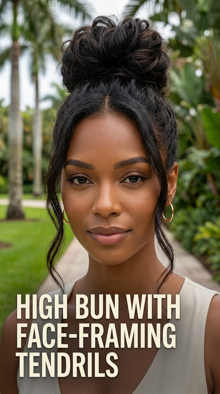 High Bun with Face-Framing Tendrils