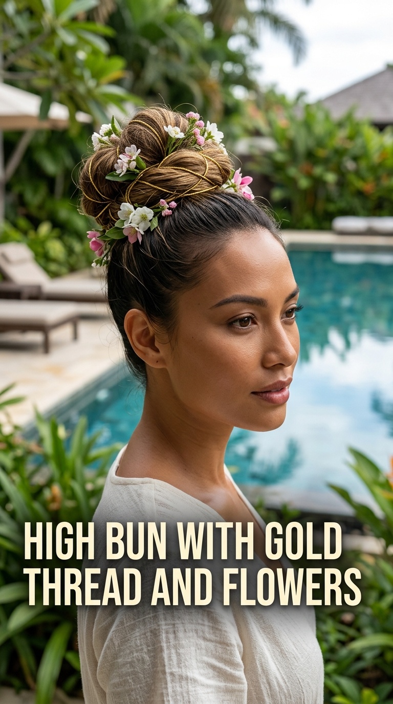 High Bun with Gold Thread and Flowers
