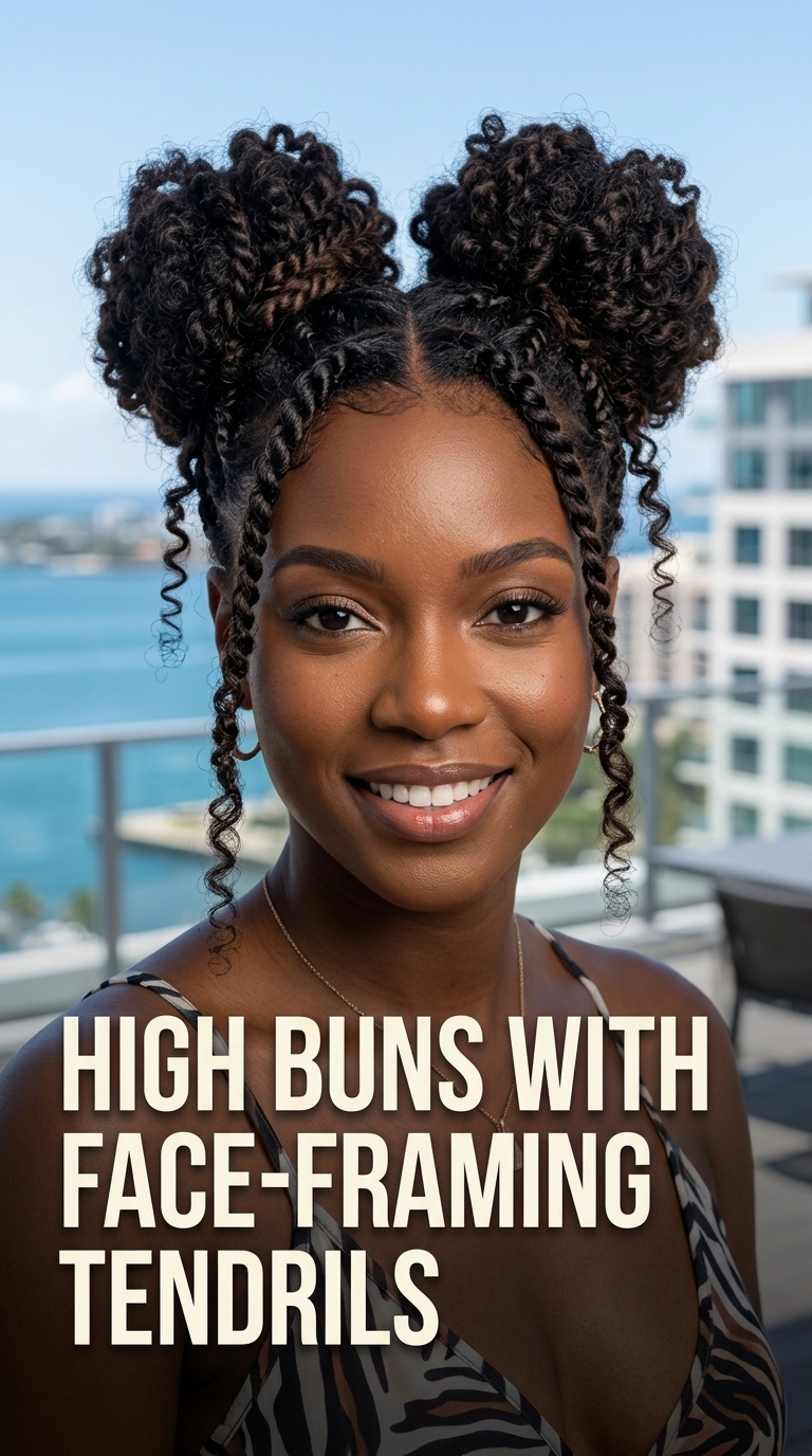 High Buns with Face-Framing Tendrils