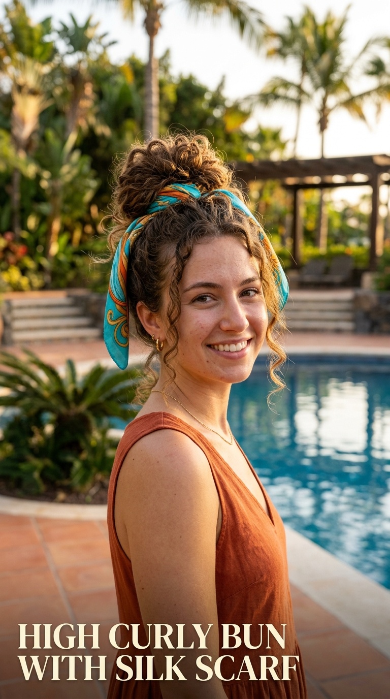 High Curly Bun with Silk Scarf