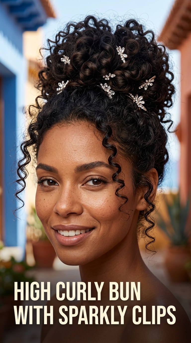 High Curly Bun with Sparkly Clips