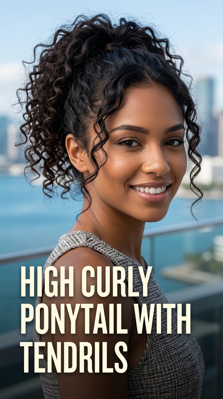 High Curly Ponytail with Tendrils
