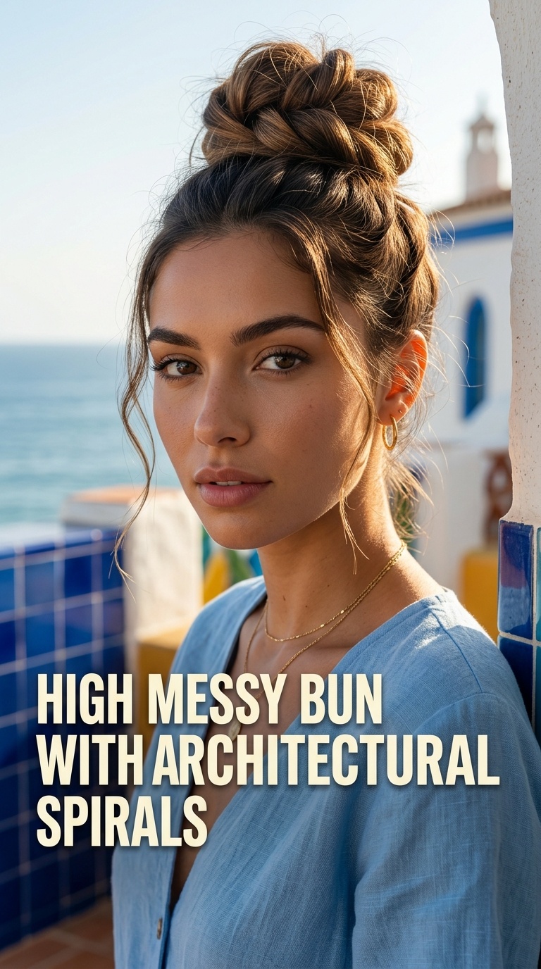 High Messy Bun with Architectural Spirals
