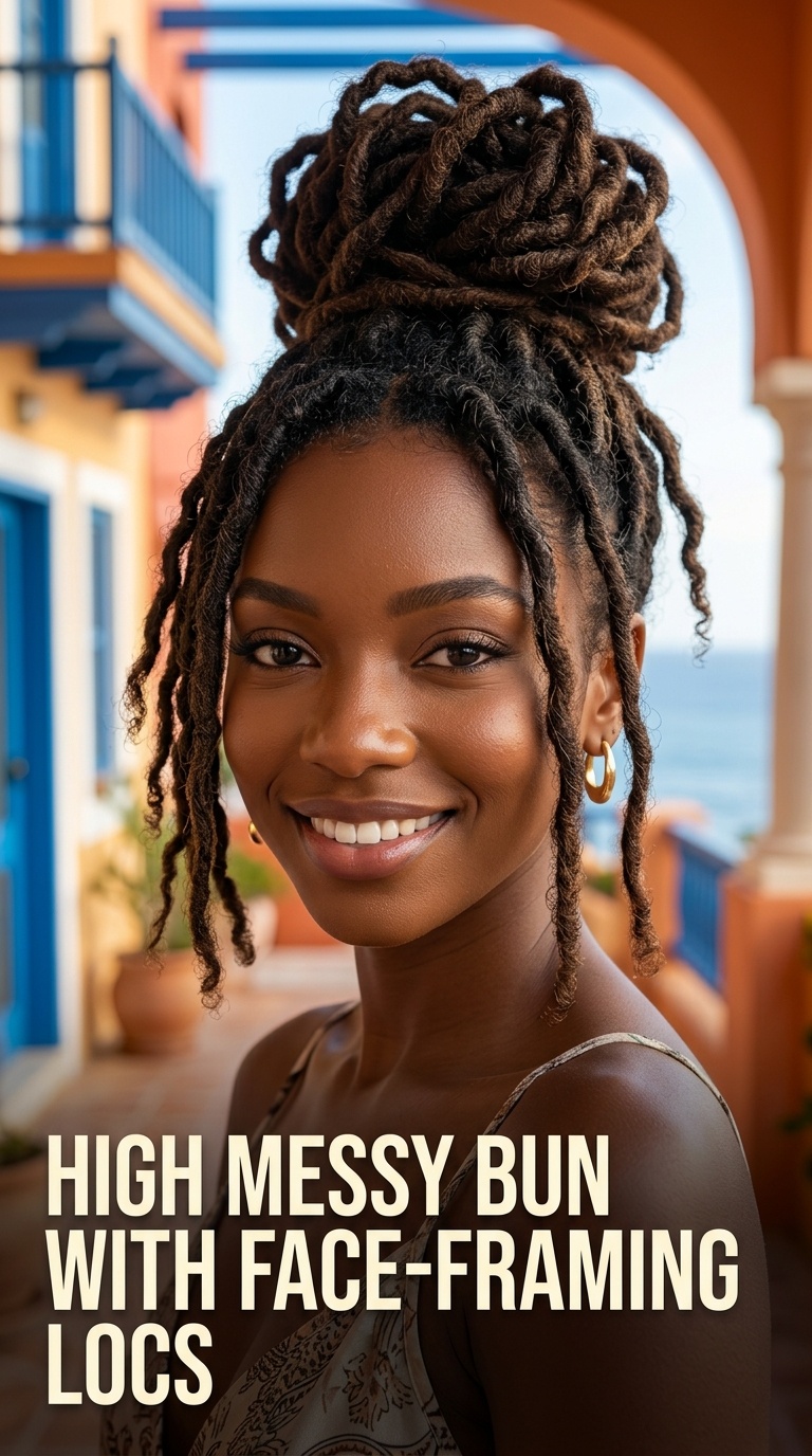 High Messy Bun with Face-Framing Locs