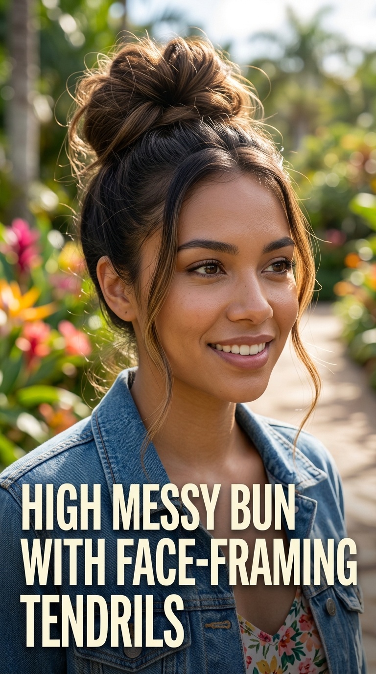 High Messy Bun with Face-Framing Tendrils