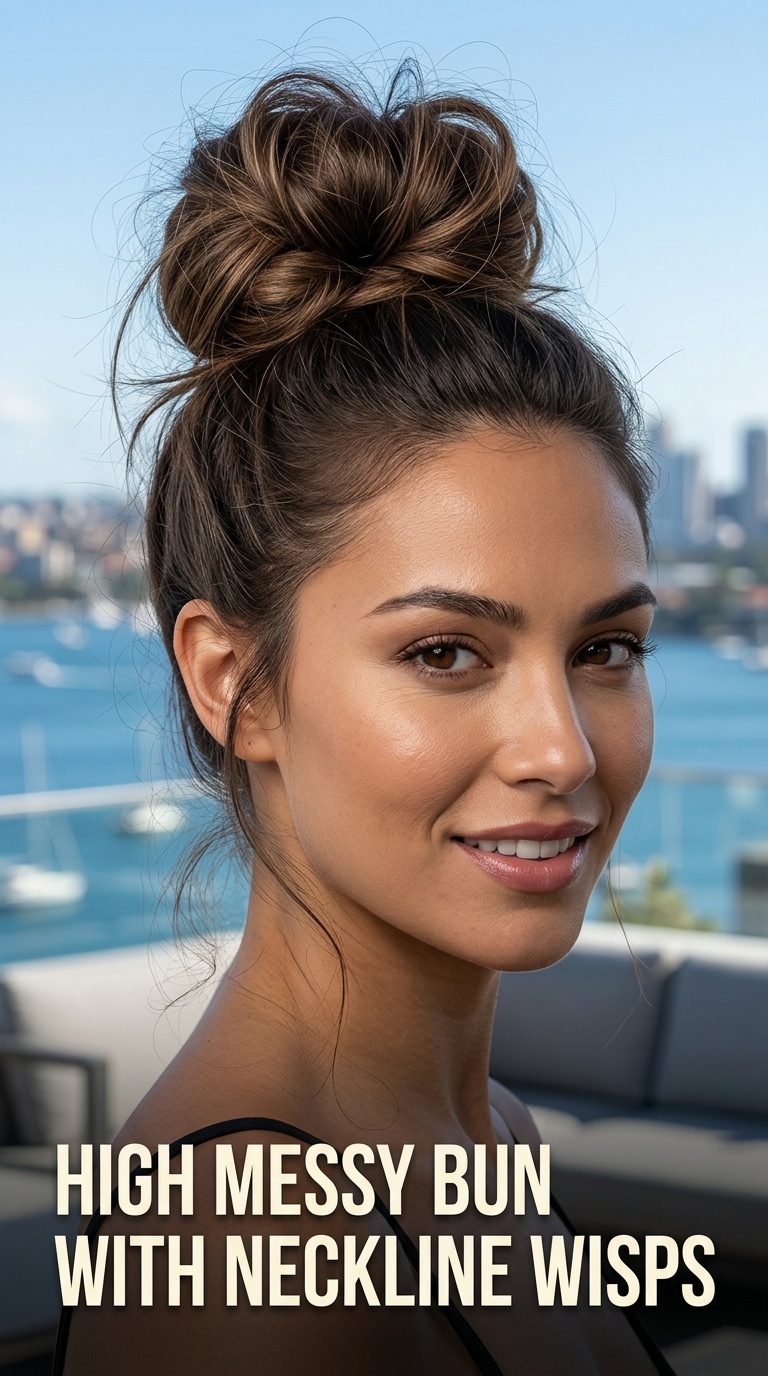 High Messy Bun with Neckline Wisps
