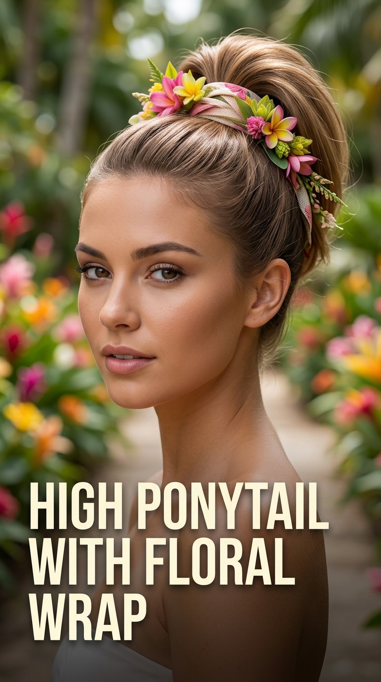 High Ponytail with Floral Wrap