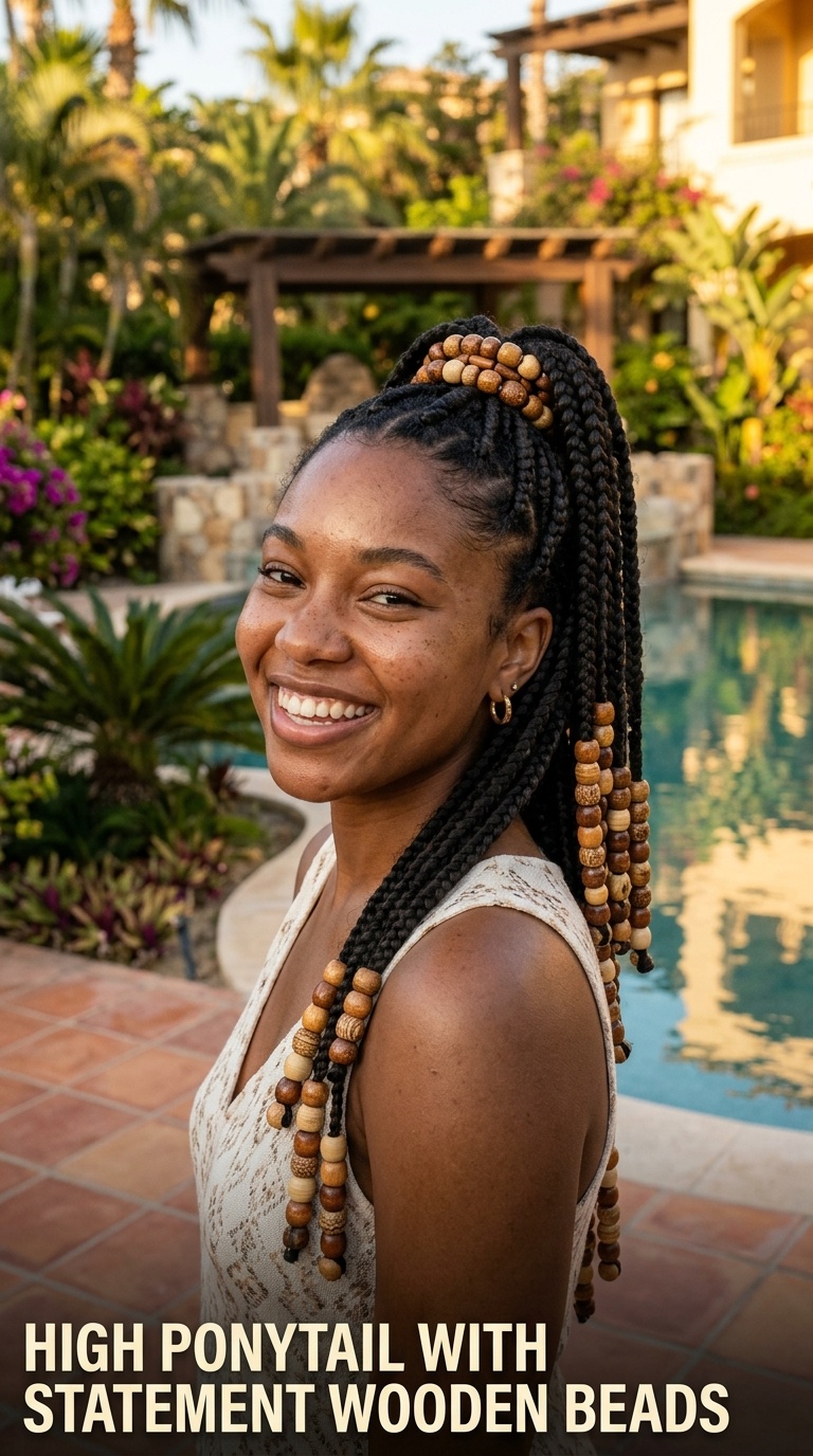 High Ponytail with Statement Wooden Beads