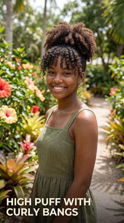 High Puff with Curly Bangs