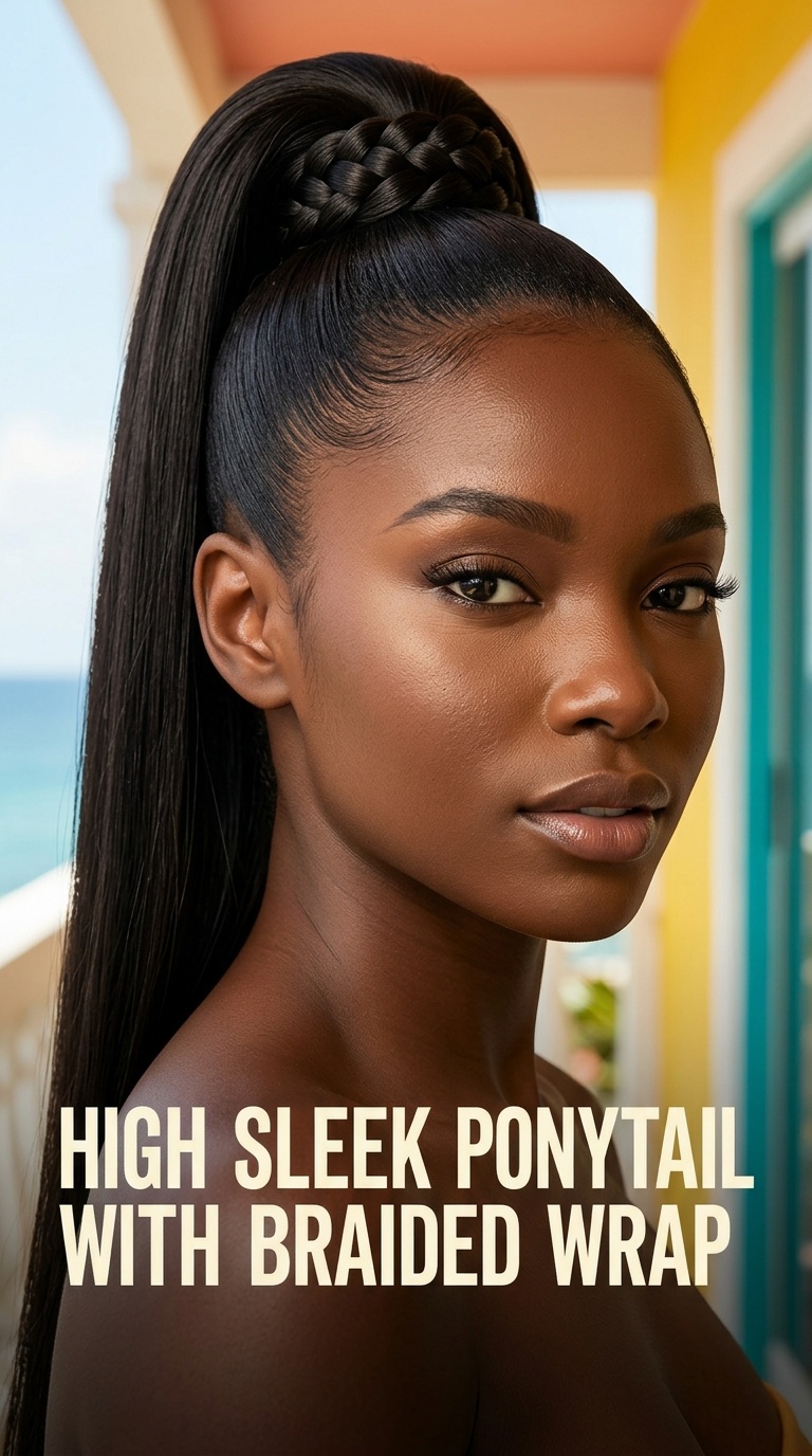 High Sleek Ponytail with Braided Wrap