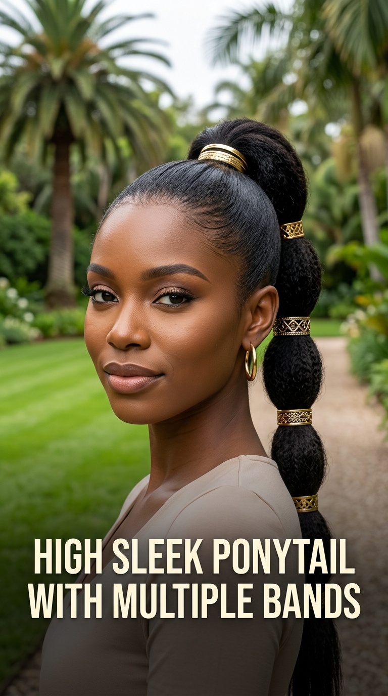 High Sleek Ponytail with Multiple Bands