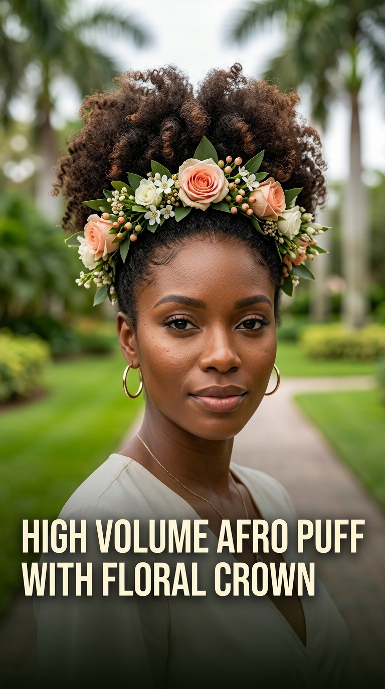 High Volume Afro Puff with Floral Crown