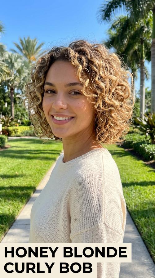 Honey Blonde Curly Bob