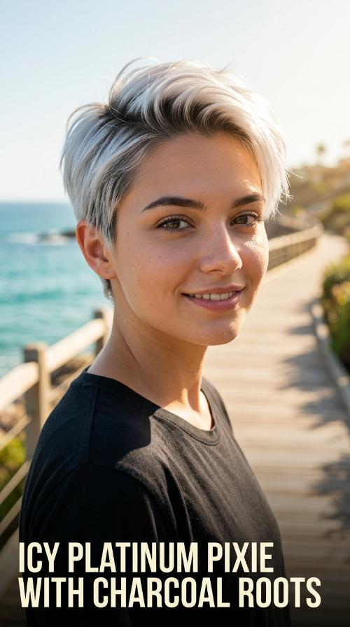 Icy Platinum Pixie with Charcoal Roots