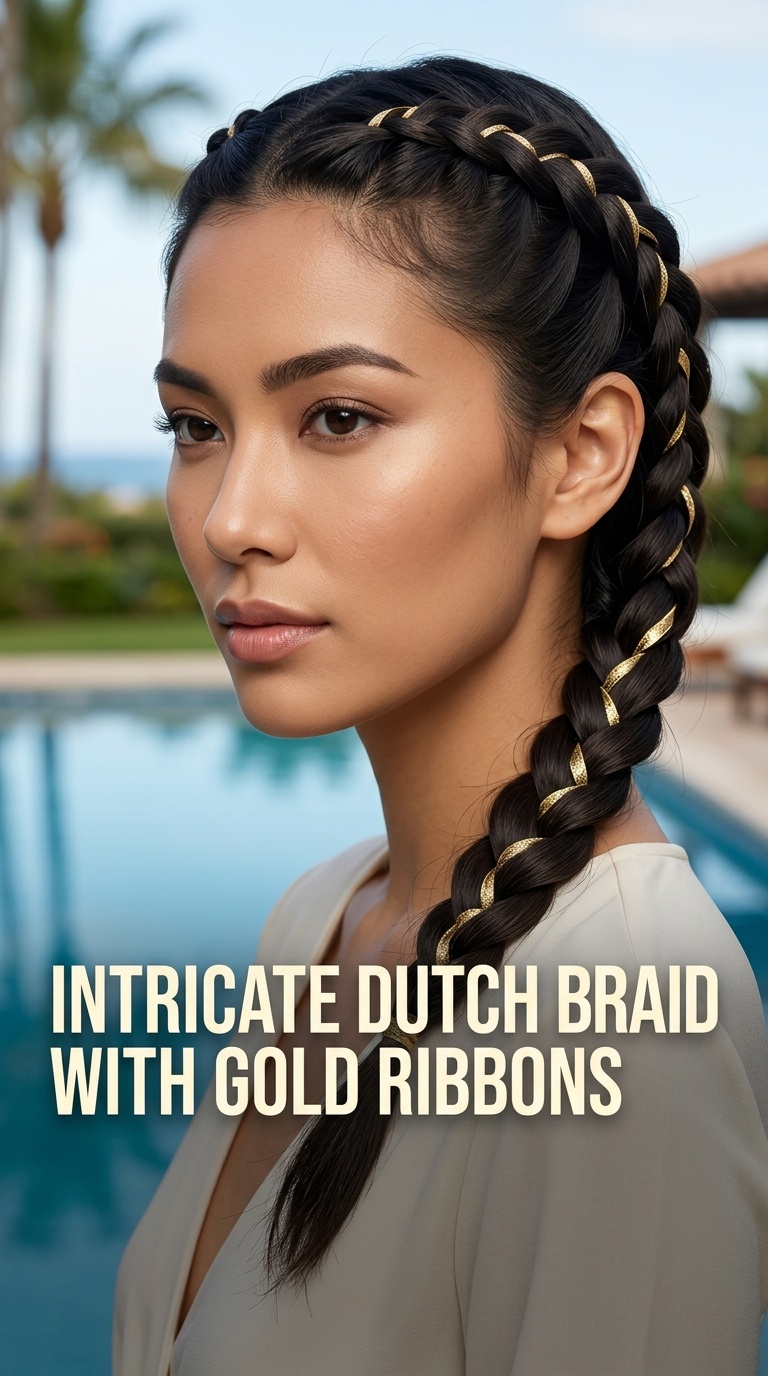 Intricate Dutch Braid with Gold Ribbons
