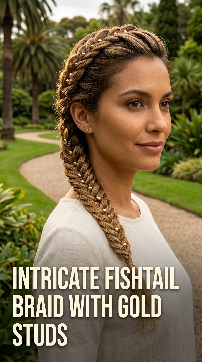 Intricate Fishtail Braid with Gold Studs
