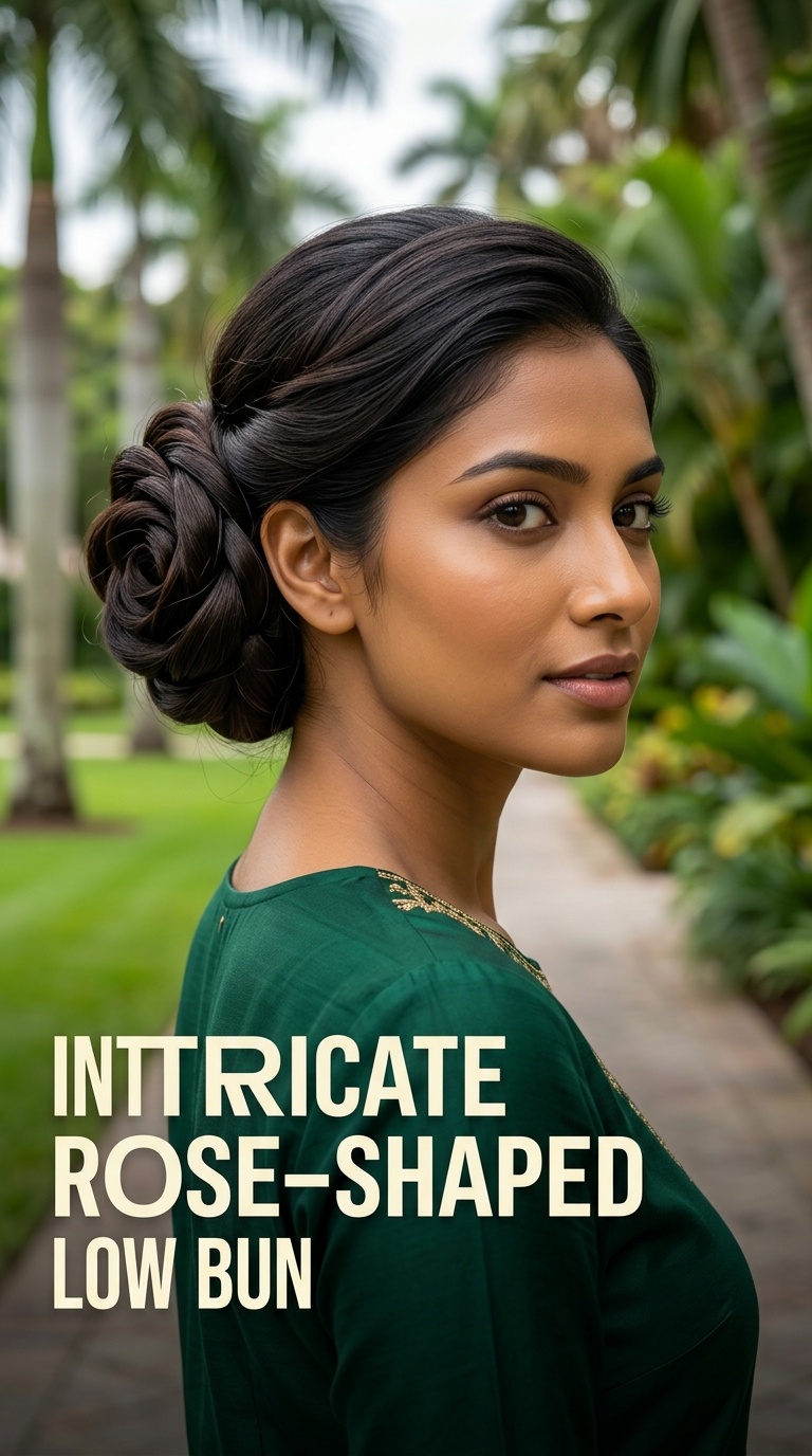 Intricate Rose-Shaped Low Bun